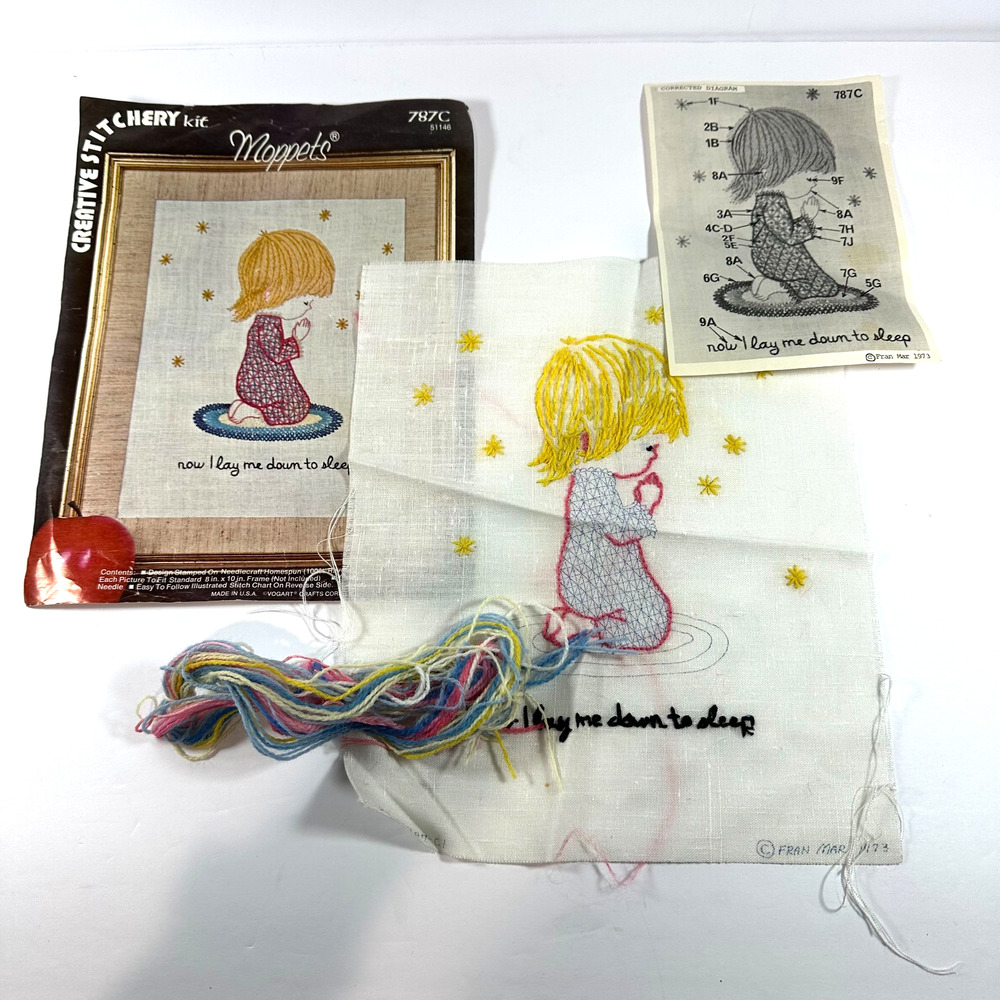 Vogart Creative Stitchery‎ Moppets Crewel Kit Now I Lay me down Sleep Incomplete